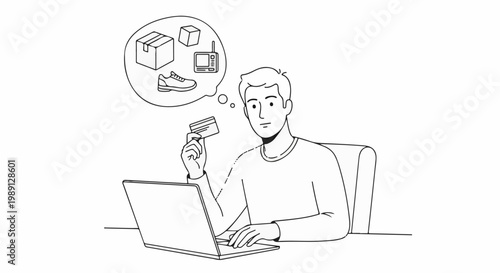 Man contemplates purchases while holding credit card and using laptop