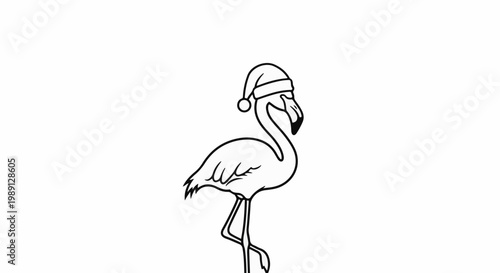 Line art flamingo wearing a Santa hat on one leg, white background