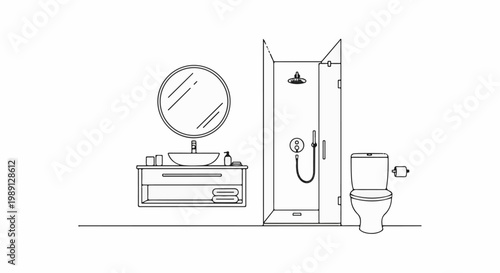 Line drawing of a modern bathroom with a vanity, sink, shower, and toilet