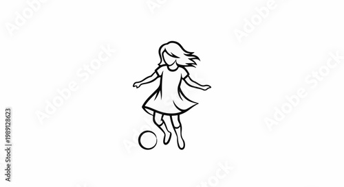 Line art of a young girl in a dress playing soccer