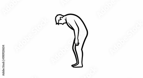 Line drawing of a person bowing deeply with head down