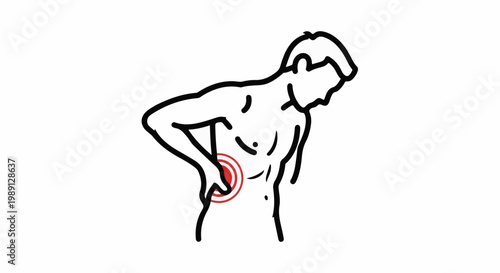 Line drawing of a person experiencing lower back pain, indicated by a red target