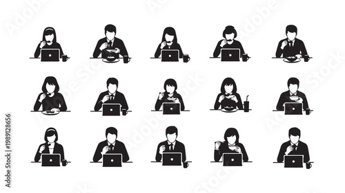 Minimalist black and white office worker icons, set of 15 business people eating lunch at laptops, professional employees multitasking at desks