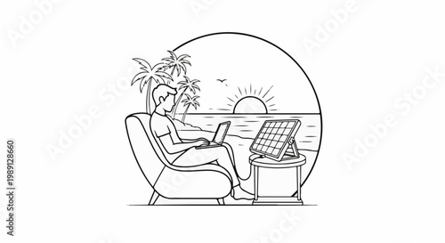 Man in a chair on a beach using a laptop powered by a solar panel