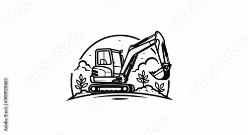 Line art of an excavator digging amidst foliage and a curved landscape