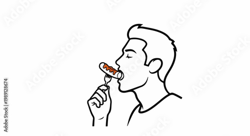 Man eating a sausage with sauce on a fork