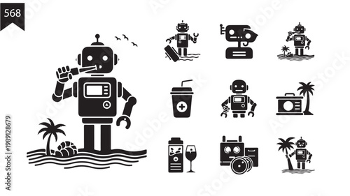 Retro robot vacation icons set, black silhouette android characters on summer holiday, 10 vector elements for travel and technology themes