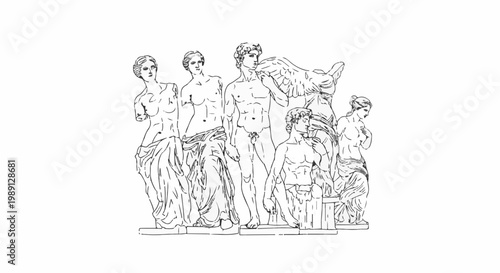Line art of classical marble statues depicting male and female figures