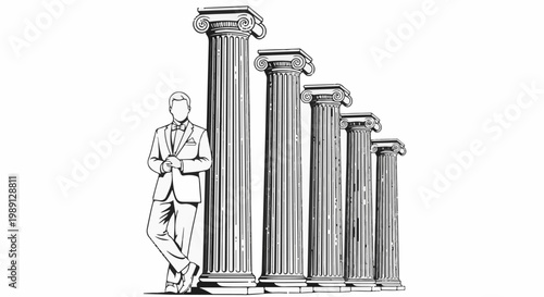 Man in suit leans on column, symbolizing success with tiered pillars