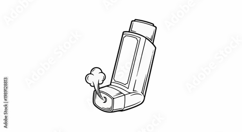 Line drawing of an asthma inhaler emitting a puff of mist