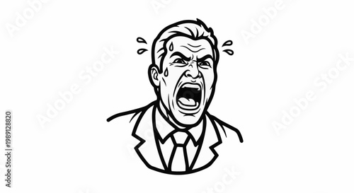 Man in suit yelling with sweat droplets