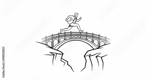 Man in suit running across arched bridge over chasm
