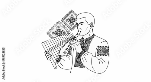 Man in traditional embroidered shirt plays pan flute with patterned backdrop