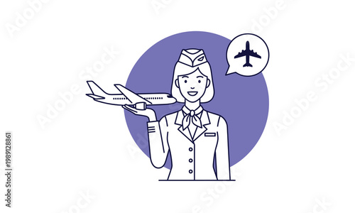 Female flight attendant holding miniature airplane, aviation career concept.