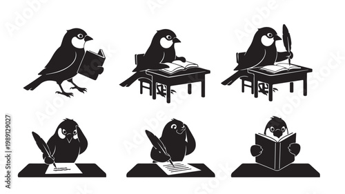 Vintage bird scholar silhouette set, 6 black sparrow icons reading and writing at desks, antique literary bird illustrations for education