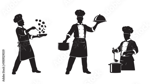 Professional chef silhouettes set, culinary experts cooking and serving food, restaurant staff icons in black and white vector format