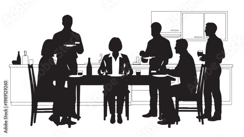 Black silhouette of people dining at a dinner party, group of friends eating and drinking in a kitchen, social gathering vector illustration