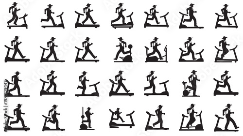 Treadmill running silhouettes set, 28 fitness icons of people jogging and walking on gym machines, cardio workout vector collection