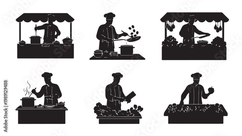 Chef silhouette vector set, professional cooks preparing food at market stalls and kitchen counters, black culinary worker icons for restaurant branding
