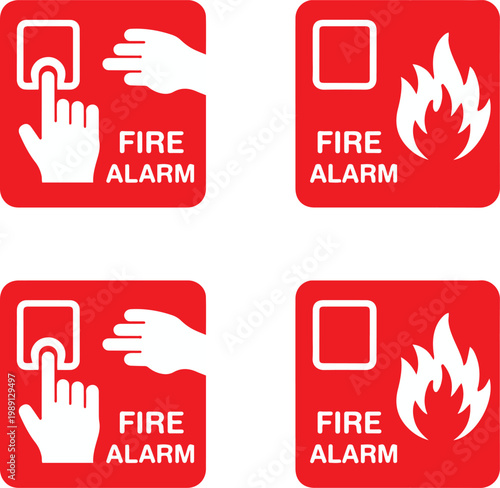 Fire Alarm Sign Set Emergency Alarm Button and Flame Symbols Safety Warning Icons