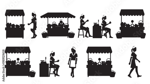 Vintage street market stall silhouettes, female shopkeeper and vendor characters, retro farmers market booth vector set for local business branding