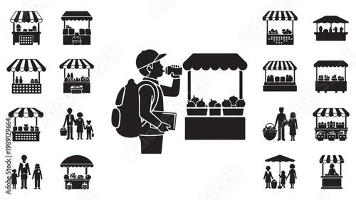 Street market stall icons set, black silhouette food stand and kiosk collection, outdoor marketplace vendor booth vector graphics