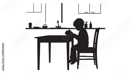 Minimalist silhouette of boy reading book at kitchen table, child studying in home interior vector, young student doing homework in kitchen