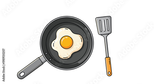 Culinary illustration of a perfectly fried egg in a black frying pan next to a metal spatula for breakfast cooking and kitchen themes.