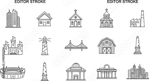 Assorted architectural icons in editor stroke style for design and illustration use