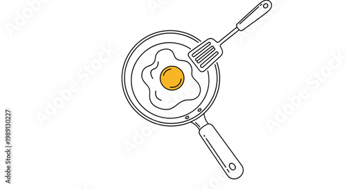 Clean line art of a fried egg inside a frying pan with a spatula for minimalist kitchen decor and simple cooking instructional designs.