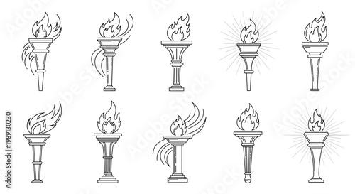 Set of diverse torch designs with blazing flames in clean line art for sports events, victory symbols, and classic Olympic-style themes.