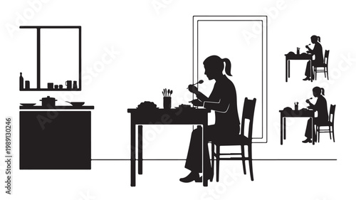 Minimalist silhouette vector of a woman eating alone at a table, female figure dining in a kitchen setting, person sitting and having a meal