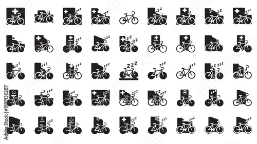 Minimalist bicycle delivery icons, set of 45 black vector pictograms, food courier and bike shipping symbols for mobile apps and logistics web design
