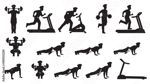 Fitness gym silhouettes set, 15 vector icons of people exercising with equipment, black workout figures on white background for sports branding
