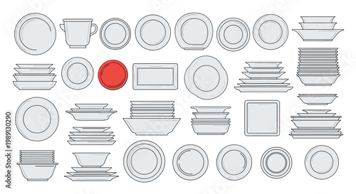 Large assortment of white plates, bowls, and dishware sets including one red plate for highlighting special kitchen and dining collections.