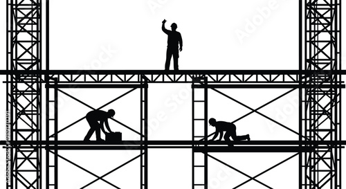 Construction workers silhouettes on scaffolding building structure industrial labor teamwork safety engineering concept isolated on white background vector illustration