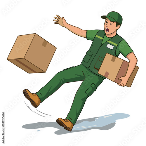 A delivery man slips on a puddle while carrying boxes and loses his balance.