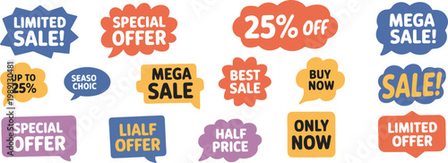 Sale Badge Set Discount Labels Special Offer Stickers Promotion Tags Mega Sale and Buy Now Icons