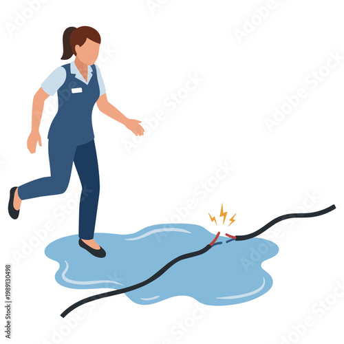 Woman cautiously steps over a sparking electrical cord in a puddle.