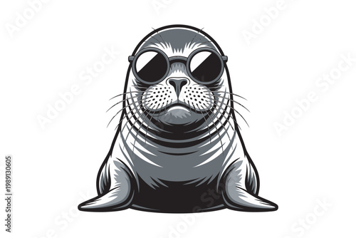 A charming illustration of a seal wearing sunglasses gazing forward with a relaxed expression perfect for design projects on transparent background.