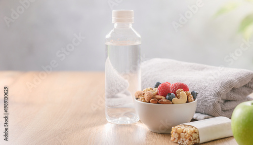 Healthy snack and drink setup on a wooden table indoors