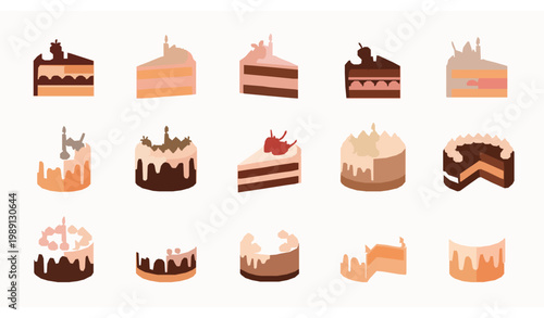 Birthday cake slices and whole cakes vector collection with dessert variations and festive designs flat style