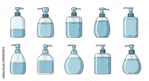 Large set of liquid soap and hand sanitizer pump bottles in different shapes and blue colors for daily hygiene and health.