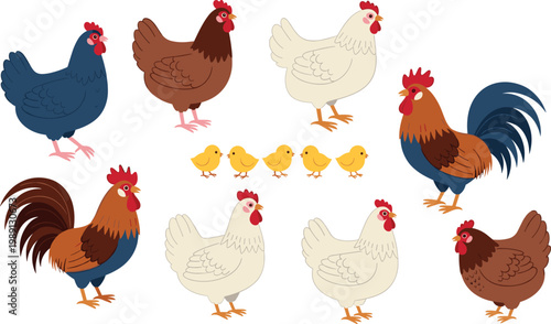 Set of 10 Chicken and Rooster Icons with Chicks in Vector Illustration StyleSet of 10 Chicken and Rooster Icons with Chicks in Vector Illustration Style