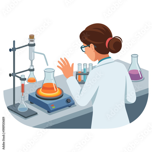 A woman in a lab coat works on an experiment with various flasks and equipment in a laboratory setting.