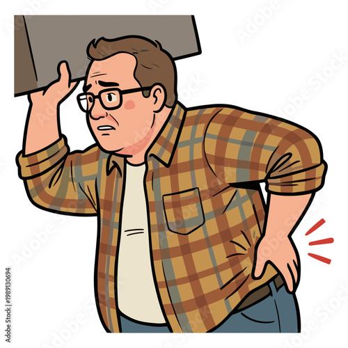 Man struggles to hold heavy object on head while bending