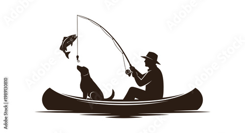 Silhouette vector illustration of a man fishing from a canoe with his loyal dog watching catch
