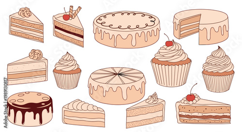 Delicious collection of various whole cakes slices and cupcakes for bakery menu celebration and dessert gift ideas.