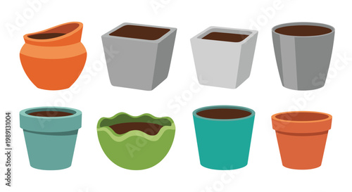 Assorted collection of empty flower pots in various shapes and colors for gardening and home plant organization projects.