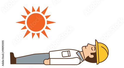 Vector illustration of a construction worker suffering from heatstroke lying under a scorching sun graphic.